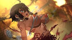 1girls amazon bandage bracelet breasts brown_hair cg dark-skinned_female dark_skin earrings game_cg green_eyes large_breasts muscular necklace ripped_clothing tattoo torn_clothes tribal tribal_markings waifu_fighter wummy_(waifu_fighter)