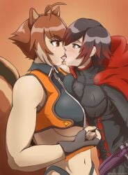 2girls big_breasts black_hair blazblue blazblue:_cross_tag_battle brown_hair busty clothed clothing crossover female female/female french_kiss kissing large_breasts makoto_nanaya orange_eyes pressed_together red_highlights ruby_rose rwby silver_eyes squirrel_ears squirrel_girl squirrel_tail takuamazuki yuri