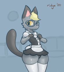 1boy 1femboy 2020 animal_crossing anthro blonde_hair blue_background domestic_cat dress feline femboy furry glasses grey_body grey_fur heterochromia maid_uniform male nintendo raymond_(animal_crossing) ridgensfw solo solo_male thick_thighs thighhighs thighs wide_hips