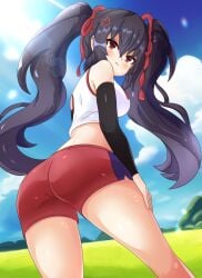 1girls anger_vein annoyed ass bent_over big_ass black_hair blush fat_ass female female_only hair_ribbon hand_on_own_leg hand_on_own_thigh hand_on_thigh highres legs long_hair looking_at_viewer looking_back midriff mrrollingcircle neptunia_(series) noire pout red_eyes ribbon shorts solo sports_bra sportswear thighs tsundere twintails