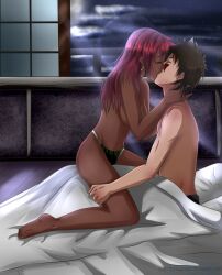 1boy1girl breasts brown_hair cleavage cowgirl_position dark-skinned_female dark_skin interracial inuzuka_kiba karui kissing light-skinned_male light_skin long_hair male/female myanghime naruto naruto_(series) naruto_shippuden no_bra red_hair romantic romantic_couple short_hair straight topless under_covers underwear