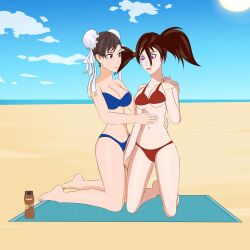 2girls anoneysnufftan applying_sunscreen asymmetrical_hair beach bikini brown_hair chun-li coppertone defeated defeated_villainess edasbild embarrassed female female_only hair_ornament humiliation imminent_death killer_lotion kneeling massage murder ocean peril pink_eyes punishment rubbing sand seaside sitting sky snuff soul_calibur street_fighter summer sunbathing swimsuit tira towel