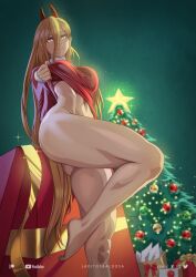 1girls ass_visible_through_thighs barefoot big_ass blonde_hair chainsaw_man christmas christmas_outfit christmas_present christmas_tree demon_horns feet female female_only laditosbaldosa light-skinned_female mappa power_(chainsaw_man) present thick_ass thick_thighs