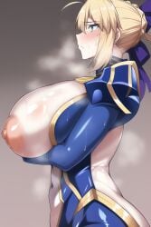 absurdres ahoge ai_generated artoria_pendragon artoria_pendragon_(fate) artoria_pendragon_(lancer)_(fate) blonde_hair blush braid breast_hold breasts breath fate_(series) female from_side green_eyes hair_ribbon heavy_breathing highres huge_breasts nai_diffusion nipples novelai-toukou profile ribbon saber solo stable_diffusion steam steaming_body