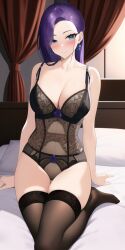 1girls ai_generated alluring anime_lingerie black_lingerie black_panties blue_hair breasts casual_clothes closed_mouth earrings equestria_girls female female_focus female_only friendship_is_magic hair_over_one_eye hands_on_bed hasbro human_version lingerie looking_at_viewer medium_breasts my_little_pony pale-skinned_female purple_hair rarity_(mlp) room sitting sitting_on_bed smile solo tagme thighhighs