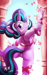 2019 5_fingers anthro anus areola ass biped blue_eyes breasts cherry_blossom dated digital_media_(artwork) equid equine female fingers friendship_is_magic genitals hasbro hi_res horn kikisnowpaw looking_at_viewer looking_back looking_back_at_viewer mammal my_little_pony nipples nude on_one_leg pink_anus pink_areola pink_nipples pink_pussy plant pussy rear_view ribbons shaded solo standing starlight_glimmer_(mlp) unicorn