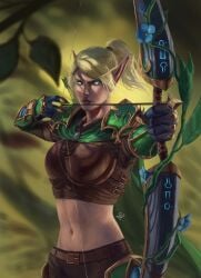 armor arrow blonde_hair bow elf female high_elf high_elf_hunter hunter_(warcraft) midriff ranger-general_serrane world_of_warcraft