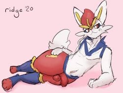 1boy 2020 :3 anthro balls blue_fur cinderace furry male penis pokémon_(species) pokemon red_balls red_eyes red_fur red_penis ridgensfw solo solo_male white_fur