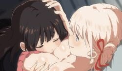 2girls animated big_breasts black_hair blonde_hair breast_grab breast_pillow breasts cleavage closed_eyes cuddling cute female_only happy head_on_breasts head_pat huge_breasts inoue_takina large_breasts long_hair lycoris_recoil lying lying_on_back lying_on_bed lying_on_person lying_on_stomach multiple_girls nishikigi_chisato no_sound or2_(sahr7857) short_hair shorter_than_10_seconds shorter_than_30_seconds sleeping sleeping_on_person smile top_heavy video wholesome yuri