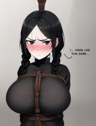 ai_generated anime_style awkward awkward_situation ball_gag big_boobs big_breasts black_background black_bra black_eyes black_hair black_sweater blush blush_lines blushing_at_viewer bondage bondage_gear braid braids compliment cute cute_face english_text formal formal_clothes formal_wear goth goth_girl gothic huge_breasts looking_at_viewer massive_breasts nai_diffusion pale pale-skinned_female pale_skin ribbon ribbon_choker rope rope_between_breasts rope_bondage rope_harness serious serious_face simple_background speech_bubble stable_diffusion surrounded teenager text the_addams_family tied tied_arms tied_breasts tied_up twin_braids uncomfortable wednesday_addams white_shirt