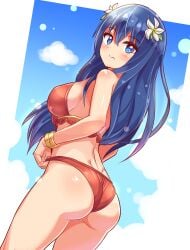 1girls ass bare_shoulders bikini blue_eyes blue_hair blush bracelet breasts caeda_(fire_emblem) caeda_(summer)_(fire_emblem) cougar1404 cougar_(cougar1404) cowboy_shot dutch_angle female female_only fire_emblem fire_emblem:_mystery_of_the_emblem fire_emblem:_shadow_dragon fire_emblem:_shadow_dragon_and_the_blade_of_light fire_emblem_heroes flower hair_flower hair_ornament jewelry long_hair looking_at_viewer looking_back medium_breasts nintendo official_alternate_costume red_bikini red_swimsuit sideboob solo swimsuit