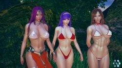 3d 3girls abs arms_behind_back athena_(series) big_breasts bikini blue_eyes busty child_bearing_hips cleavage clothing crossover dragon_quest dragon_quest_iv female female_only golden_axe large_breasts legs long_hair looking_at_viewer maya_mahabala moon_(artist) navel pink_lips pink_lipstick princess princess_athena purple_eyes purple_hair red_bikini snk swimsuit thick_thighs thighs thong_bikini toned tyris_flare voluptuous white_bikini