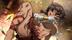 1girls amazon bandage blush breasts brown_hair bruise cg dark-skinned_female dark_skin earrings game_cg green_eyes large_breasts muscular ripped_clothing short_hair tattoo torn_clothes tribal tribal_markings waifu_fighter wummy_(waifu_fighter)