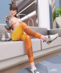 1girls 3d 3d_(artwork) blizzard_entertainment breasts brown_eyes brown_eyes_female brown_hair brown_hair_female female female_only jdv lena_oxton looking_at_viewer nipples overwatch overwatch_2 partially_clothed sitting solo_female tracer