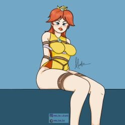 1girls biting_lip female female_only happy_sub malin_lewd malinlin mario_(series) mario_and_sonic_at_the_olympic_games nintendo one-piece_swimsuit princess_daisy simple_background sitting solo