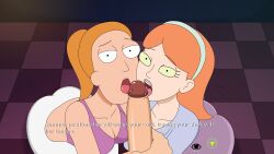 1boy 2girls alpha_male blowjob english_text female ferdafs jessica_(rick_and_morty) licking_penis male mind_control morty_smith multiple_girls oral penis rick_and_morty rick_and_morty:_a_way_back_home sex summer_smith text tongue tongue_out unseen_male_face