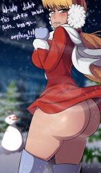 1girls aged_up ass ass_focus bare_ass big_ass big_butt blonde_hair blue_eyes blush bottomless dat_ass dialogue dress dress_up earmuffs female female_focus freezing frosty_the_snowman glazen glazinbuns gloves karen_(frosty_the_snowman) motion_lines night night_sky no_panties outdoors outside ponytail rankin-bass scarf shivering snow snowman solo thick_ass thick_thighs voluptuous white_scarf wide_hips winter