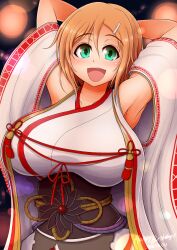 1girls armpits arms_behind_head big_breasts blush festival hairclip hanabi_(senran_kagura) happy huge_breasts japanese_clothes looking_at_viewer marvelous ponpo ponponmaru senran_kagura shrine_maiden smile solo