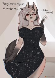 1girls anthro big_breasts black_dress breasts canid canine canis cinema demon dress eyebrow_piercing facial_piercing furry hellhound helluva_boss looking_at_viewer loona_(helluva_boss) mammal piercing red_sclera solo solo_female sparkling_dress strapless_dress sukiskuki talking_to_viewer text ticket vivienne_medrano white_eyes wolf