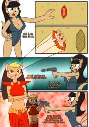 2girls aladdin anthro blush brown_hair cat_tail catgirl cleavage comic disney english_text furry furry_only green_eyes kitty_katswell mirage_(aladdin) otakon red_eyes shivering t.u.f.f._puppy