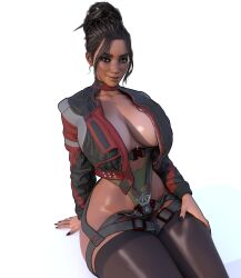 3d 3d_(artwork) big_breasts big_thighs bodysuit cleavage cyberpunk_2077 female female_only hair_bun hand_on_leg hand_on_thigh harness human human_only jacket looking_at_viewer panam_palmer partially_clothed popogori sitting smiling solo solo_female stockings thighs