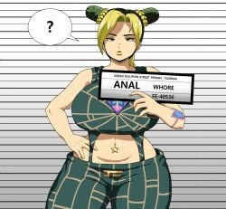 1girls alternate_breast_size big_breasts breasts clothing female female_only fully_clothed gigantic_breasts huge_breasts human hyper_bimbo jojo's_bizarre_adventure jolyne_kujo large_breasts mugshot navel_piercing prison pulpawoelbo slightly_chubby solo solo_female standing stone_ocean text