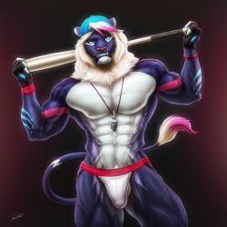 abs absurd_res anthro bulge clothing felid greenpanda hi_res jamie_(foxheartedclmt) jockstrap lion looking_at_viewer male male_only mammal muscular muscular_male nipples pantherine smile solo underwear