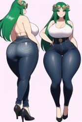 ai_generated ass_focus black_high_heels blue_eyes curvy curvy_figure green_hair high-waist_pants high_heels huge_ass huge_breasts huge_hips jeans kid_icarus kid_icarus_uprising long_hair looking_at_viewer nai_diffusion nintendo palutena round_ass seductive shiny_clothes shiny_hair shoes stable_diffusion thick_thighs voluptuous white_tank_top wide_hips