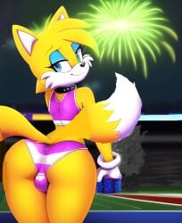 1boy 2_tails ai_generated anthro ass ass_focus big_ass big_butt blonde_hair blue_eyes bulge canid canine canis collar crop_top dipstick_tail femboy feminine_male feminine_tails fireworks fox gay girly mammal novelai short_hair smile smiling smiling_at_viewer sonic_(series) sonic_the_hedgehog_(series) stadium striped_panties tails yellow_body yellow_fur