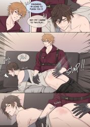 2boys ass blue_eyes childe_(genshin_impact) english_text genshin_impact ginger gloves lying_on_stomach male on_lap slap slap_mark slapping slapping_ass slapping_butt spanking tartaglia_(genshin_impact) yaoi zhongli_(genshin_impact)