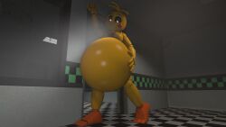 3d belly_bigger_than_head big_belly big_feet blush chica_(fnaf) female five_fingers five_nights_at_freddy's five_nights_at_freddy's_2 glowing_eyes hand_on_belly hand_on_wall medium_breasts nacked ocsda orange_feet simple_background toy_chica_(fnaf) toy_chica_(love_taste) vore white_pupils yellow_body