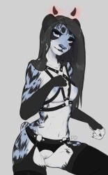 2019 anthro areola bambolbi biped black_clothing black_hair black_harness black_legwear black_panties black_thigh_highs black_underwear blue_areola blue_eyes blue_nipples blue_nose breasts chest_harness clothing crotchless_clothing crotchless_panties crotchless_underwear digital_media_(artwork) felid female genitals hair harness legwear long_hair mammal nipples ohiko_(bambolbi) panties pussy simple_background solo thigh_highs underwear white_background