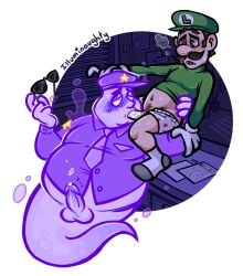 2boys absurd_res bodily_fluids chubby_male clothed clothed_sex clothing duo ectoplasm erection eyewear fellatio gay gay_male genital_fluids ghost glowing glowing_eyes hi_res holding_head human illuminaughty kruller_(character) luigi luigi's_mansion male male/male male_focus male_only mammal mario_(series) nintendo oral partially_clothed penile precum security_guard sex size_difference spirit sunglasses sweat toony