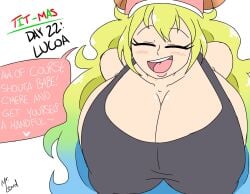 big_breasts blonde_hair breasts closed_eyes covered_nipples female gigantic_breasts huge_breasts large_breasts lucoa lucoa_(maidragon) miss_kobayashi's_dragon_maid mr.lewd quetzalcoatl_(dragon_maid) text text_bubble tit-mas_(mr.lewd)