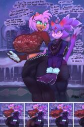 alternate_version_at_source amy_rose anthro big_breasts blaze_the_cat bulge bulge_through_clothing circumcised clothed clothing dialogue female fully_clothed futanari large_breasts large_penis nipple_bulge npc petite sega slim_waist snao sonic_(series) sonic_the_hedgehog_(series) text text_bubble thick_thighs thong tights