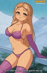 1girls arm_support artist_name big_breasts bikini blonde_hair blue_eyes blush breasts breath_of_the_wild busty cleavage demanding elf english_text female female_only grigoretro large_breasts legs long_hair navel nintendo pointy_ears princess princess_zelda purple_bikini retro_artstyle smile swimsuit the_legend_of_zelda thighs zelda_(breath_of_the_wild)