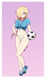 1girls ball blonde_hair blue_eyes blue_shirt breasts earrings female hair_over_one_eye hand_on_hip highres jewelry long_hair looking_at_viewer maii_artss manchester_city mario_(series) medium_breasts midriff navel nintendo panties princess princess_rosalina shirt shoes soccer soccer_ball solo thong underwear white_panties