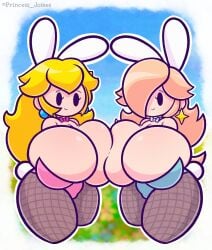 2girls barely_contained big_breasts blonde_hair bowtie breasts_bigger_than_head bunny_ears bunny_girl bunnysuit cleavage earrings enormous_breasts female female_only fishnet_legwear fishnet_pantyhose fishnets huge_breasts leotard light-skinned_female light_skin long_hair looking_at_viewer mario_(series) massive_breasts mob_face multiple_girls nintendo outdoors pantyhose paper_mario paper_peach princess_jomes princess_peach princess_rosalina standing strapless_leotard super_mario_bros. thick_thighs voluptuous voluptuous_female wide_hips