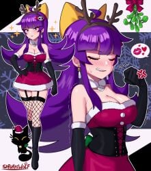 anger_vein blush boots breasts christmas christmas_outfit closed_eyes fishnets light-skinned_female light_skin long_hair looking_at_viewer mistletoe oc original purple_eyes purple_hair reindeer_hair_ornament sarukaiwolf thighs violentine_(sarukaiwolf)