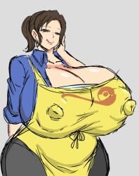 1girls apron big_hips black_pants blouse blue_blouse breasts_bigger_than_head breasts_bigger_than_torso brown_eyes brown_hair cleavage clothed clothed_female clothing female female_only game_freak horny horny_female huge_breasts licking_lips massive_breasts milf momiji_(artist) mother mother_(pokemon_sv) nintendo nipple_bulge nipples_visible_through_clothing open_blouse pants pokemon pokemon_sv ponytail short_hair short_ponytail thick_thighs thighs_bigger_than_head wide_hips yellow_apron