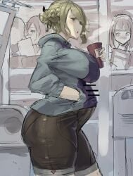 1futa 2girls ass balls bar_censor being_watched big_ass big_breasts big_butt big_penis bike_shorts blush blush_lines blushing breasts bulge busty casual censored censored_penis cup curvy erect_penis erection erection_under_clothes female fully_clothed futa_focus futanari green_eyes green_hair holding_cup hooded_jacket hoodie human jacket kazo large_ass large_breasts large_penis light-skinned_futanari light_skin medium_hair oc original original_character parka-chan_(kazo) penis public public_erection shorts solo_focus standing train train_interior voluptuous