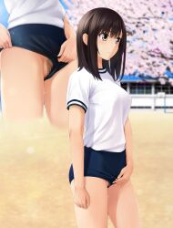 bangs basketball_hoop black_buruma black_hair blue_sky blurry blurry_background branch breasts brown_eyes building buruma buruma_aside censored closed_mouth clothing_aside commentary_request day depth_of_field female going_commando gym_shirt gym_uniform highres looking_away medium_breasts mosaic_censoring no_panties nonaka_ritsu nopan original outdoors pubic_hair pubic_hair_peek shirt short_sleeves sky solo wardrobe_malfunction white_shirt window zoom_layer