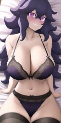 1girls ai_generated anime_lingerie bed big_breasts bikini bra breasts creatures_(company) female female_focus female_only game_freak hex_maniac huge_breasts lingerie long_hair looking_at_viewer nai_diffusion nintendo open_mouth pale-skinned_female panties pokemon pokemon_trainer pokemon_xy purple_bra purple_eyes purple_hair purple_panties sitting sitting_on_bed stable_diffusion teeth_showing thick_thighs thighhighs