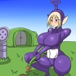 1girls breasts clothed clothing dr.bug female female_only fully_clothed light-skinned_female light_skin solo squatting tagme teletubbies tinky_winky voluptuous working yard