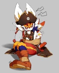 ambiguous_gender blue_fur blue_skin bondage boots bound bound_arms captain_style_cinderace captain_style_raboot captain_style_scorbunny cinderace ears_up pirate_hat pokemon pokemon_ss red_eyes red_fur rope scorbunny sfw yellow_fur