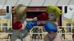 2girls 3d 3d_(artwork) big_breasts big_thighs blonde_hair blue_boxing_gloves blue_eyes blue_gloves blue_panties boxing boxing_gloves boxing_ring breast_punch breasts clenched_teeth closed_eyes duo earrings face_punch female female_only fight foxy_boxing g-string gloves hair_over_one_eye half-closed_eyes light-skinned_female light_skin lips lipstick long_hair mario_(series) mostly_nude nintendo nipples open_mouth panties pink_panties platinum_blonde_hair ponytail princess_peach princess_rosalina punch red_boxing_gloves red_gloves star_earrings string_panties thick thick_hips thick_thighs tied_hair topless topless_boxing valovenue wide_hips