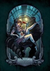 adam_(bioshock) adam_syringe arm_tattoos big_daddy_(bioshock) bioshock blood_stain bouncer brown_hair cloud_chamber_studios dirty_legs dress drill ghost_story_games holding_syringe little_sister_(bioshock) looking_at_viewer pin_up ponytail rapture_(bioshock) syringe yellow_eyes