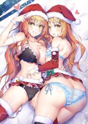 1boy 1girls ass big_ass big_breasts bra breasts christmas christmas_outfit eye_contact huge_ass legwear long_hair looking_at_viewer male natsusora_aona natsusora_wakana nobady orange_hair original original_character panties santa_hat siblings sisters thick_thighs thighhighs thighs trap