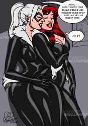 2girls antiheroine ass big_ass big_breasts black_cat_(cosplay) black_cat_(marvel) bodysuit breasts cosplay curvy curvy_female dumptruck_ass english english_commentary english_text fat_ass felicia_hardy female female/female female_only flirting hip_grab hips human human_only kaywest latex latex_suit lesbian_sex lesbians light-skinned_female light_skin lipstick marvel marvel_comics mary_jane_watson red_hair red_lipstick rubbing spider-man_(series) straight_hair superheroine thick thick_thighs thighs thighs_grab tight_clothing voluptuous voluptuous_female white_hair wide_hips yuri