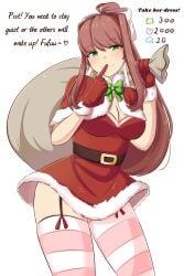 1girls artist_name belt blush bow brown_hair christmas cleavage dialogue doki_doki_literature_club female female_only gloves green_eyes hair_ornament hair_ribbon light_brown_hair long_hair looking_at_viewer monika_(doki_doki_literature_club) plain_background raionart sack santa_costume solo stockings strip_game thick_thighs thighhighs watermark